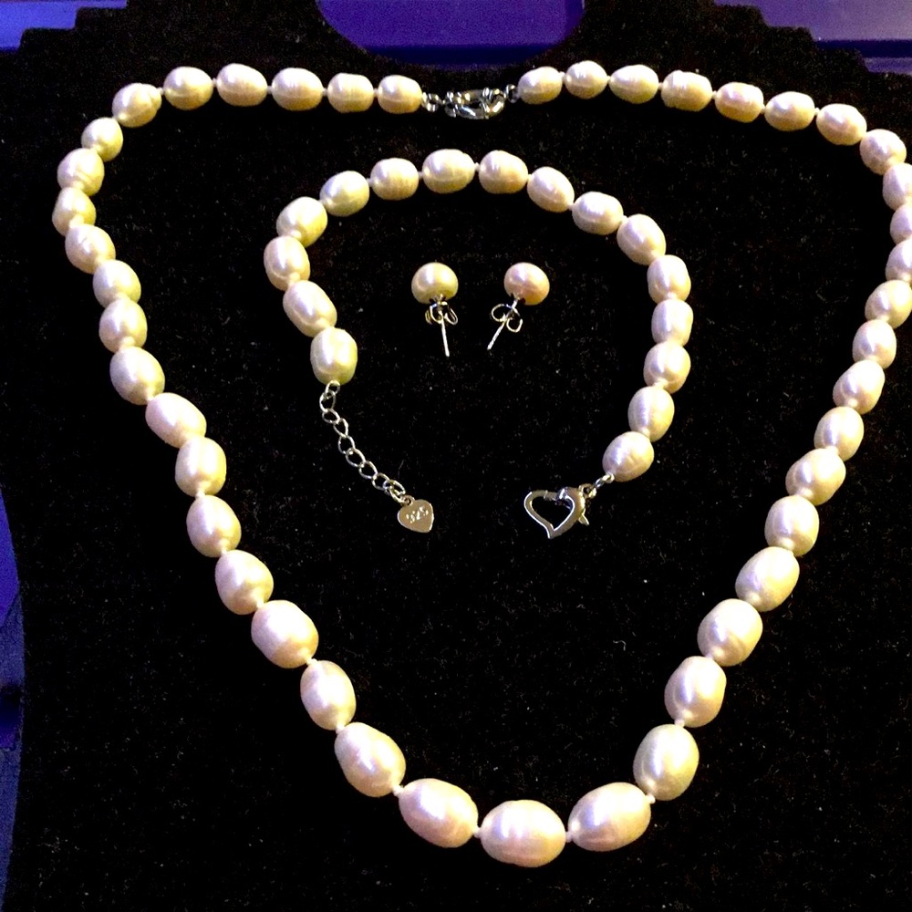 925 Sterling Silver Natural Fresh Water Pearls Necklace Earrings Bracelet Set #4